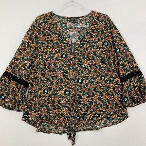New Unique Spectrum size 1X Colorful Distsy Floral Tie Front Boho Button Down